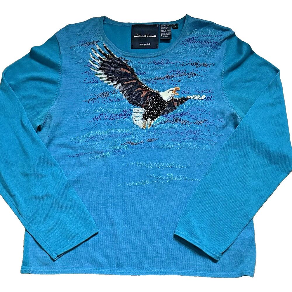 Vintage 2001 Michael Simon L Turquoise Blue Bald Eagle Spun Silk Sequin Sweater